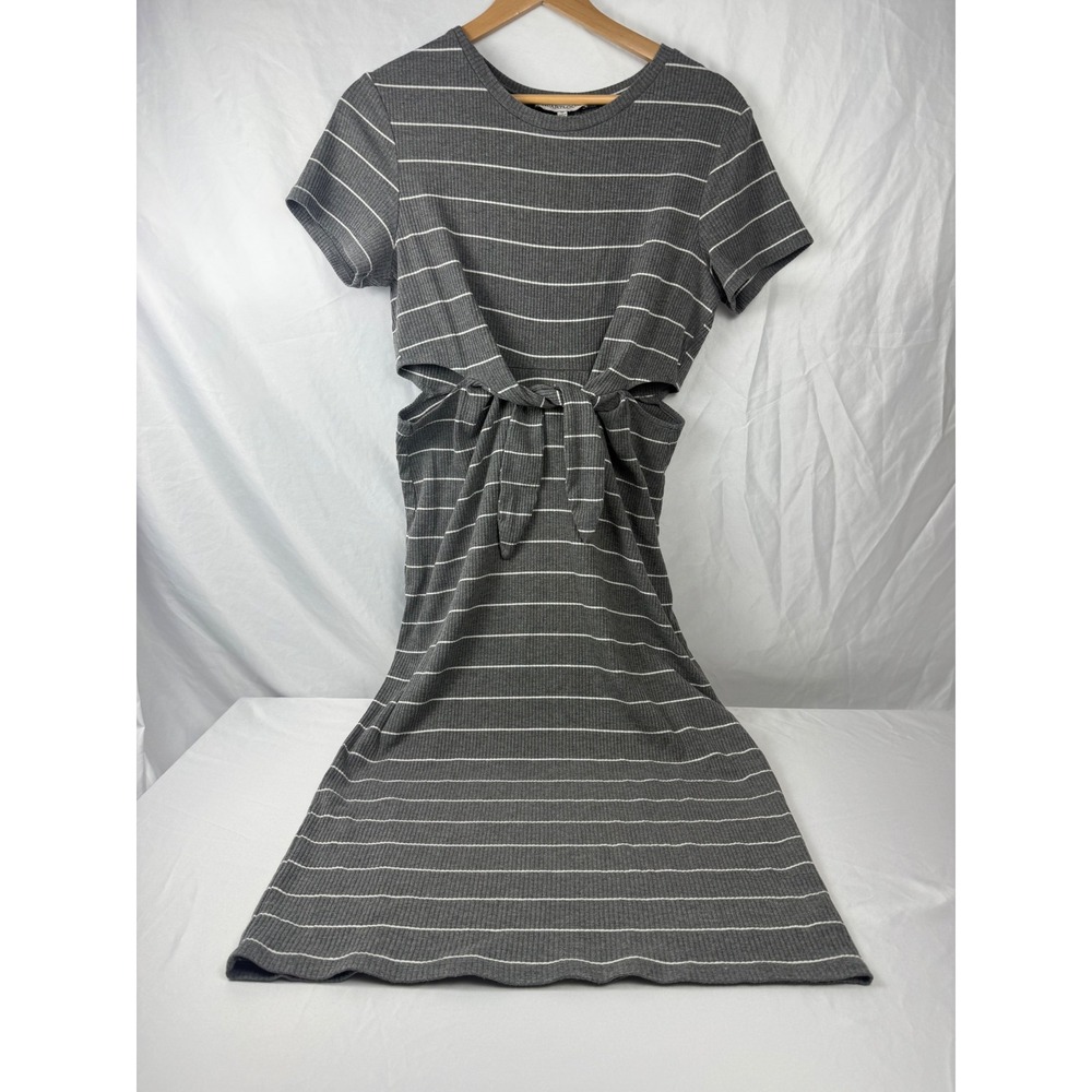 Heartloom Size M Gray Striped Cutout Tie Waist Midi Dress Short Sleeve #mc